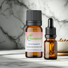 Natural myrrh essential oil bottle for diffuser use, contemplative aromatherapy, and peaceful indoor grounding rituals.