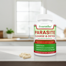Natural Parasite Cleanse Capsules bottle with supplement capsules for gut support, bowel comfort, and digestive routine use.