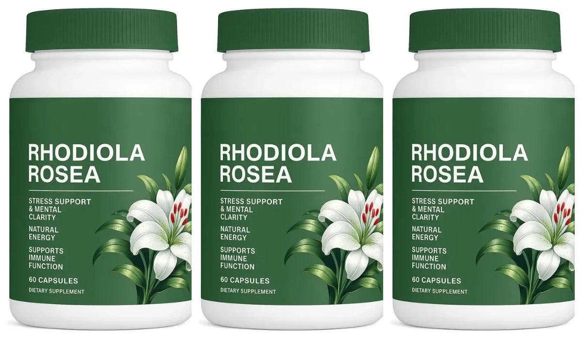 Natural Rhodiola Rosea dietary capsules bottle herbal supplement for daily stress support and healthy energy balance.
