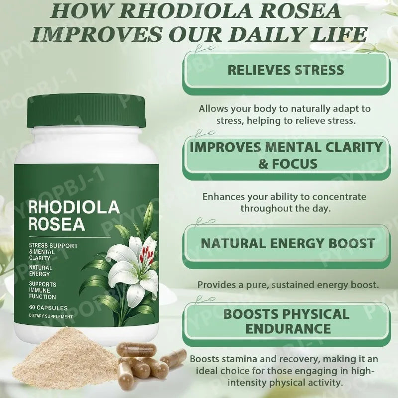 Natural Rhodiola Rosea capsules bottle plant-based supplement for daily energy balance and stress support.