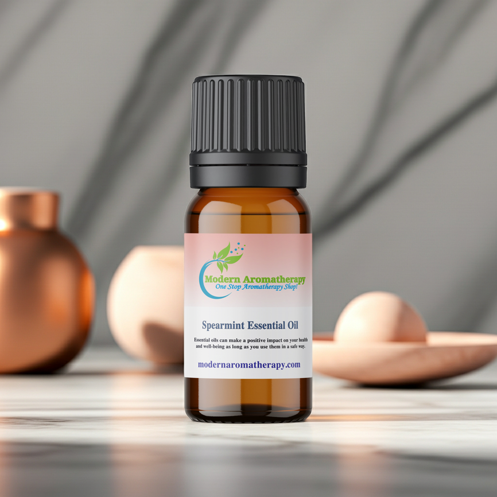 Spearmint aromatherapy essential oil bottle for fresh home scenting, digestive support massage, and daily mint wellness.