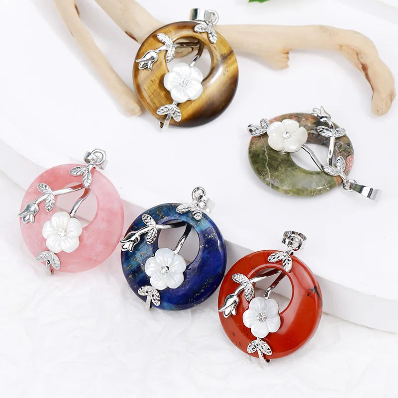 Natural stone donut flower charm pendant for DIY jewelry projects, necklace crafting, and boho accessory use.