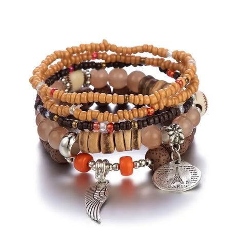Natural stone look Tree of Life bracelet set with beaded strands for earthy fashion, stacking, and everyday accessory wear