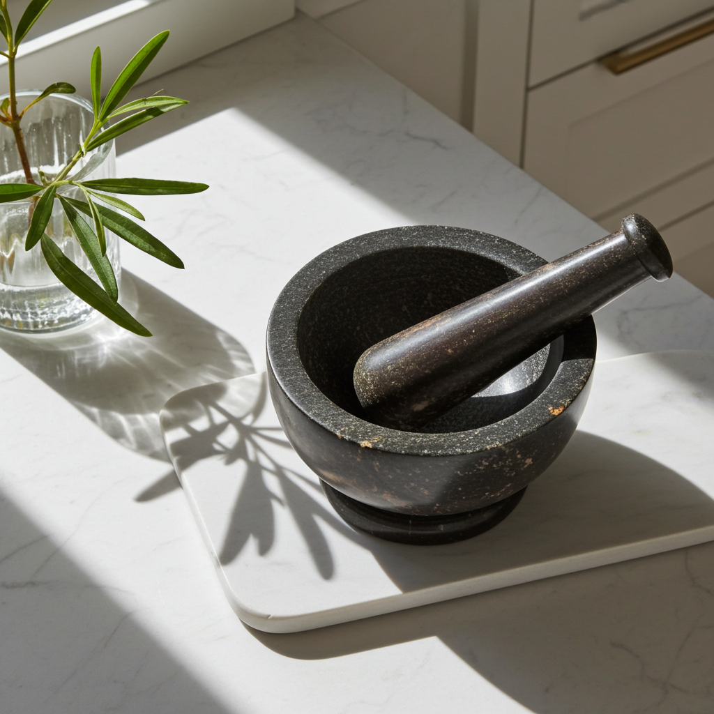 Dark Natural stone mortar and pestle set for grinding spices, seasoning blends, and fresh herbs.