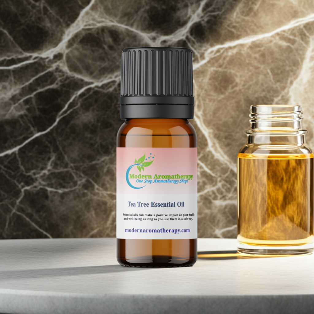 Tea tree essential oil bottle for natural skin care, natural cleaning, and daily wellness-supporting aromatherapy.