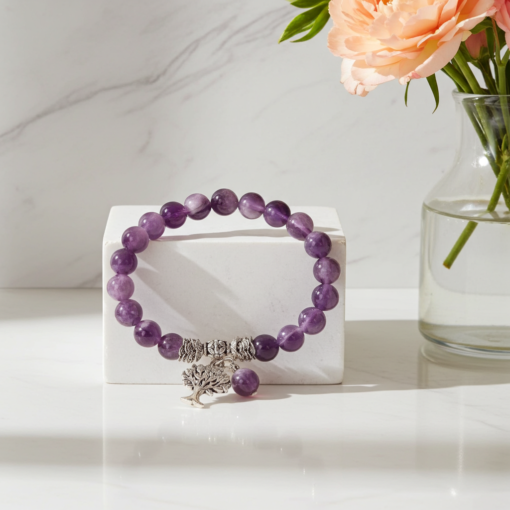 Natural Tree of Life beaded wrist bracelet for daily wear, symbolic jewelry styling, and casual outfit accessorizing.