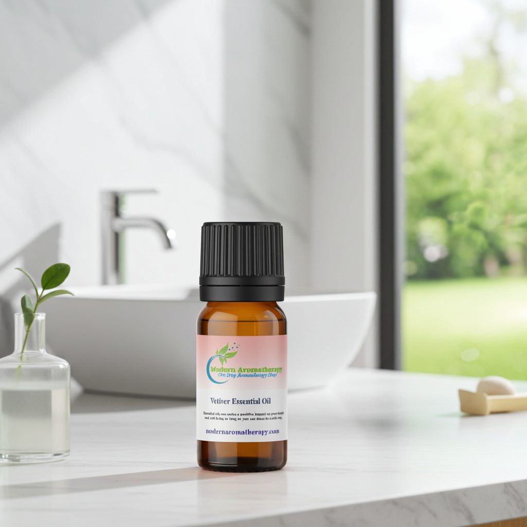 Natural Vetiver Essential Oil glass bottle for essential oil blending, massage oils, and soothing self-care routines.