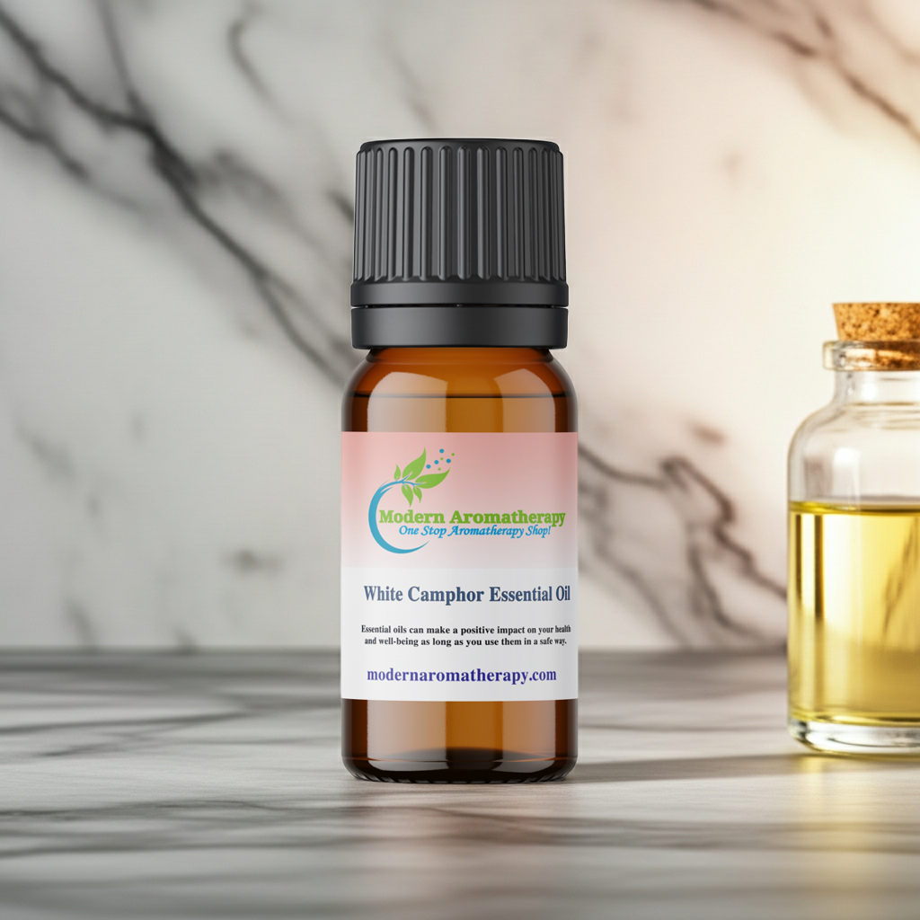 White camphor essential oil bottle for soothing muscle massage, respiratory comfort, and natural cleaning use.
