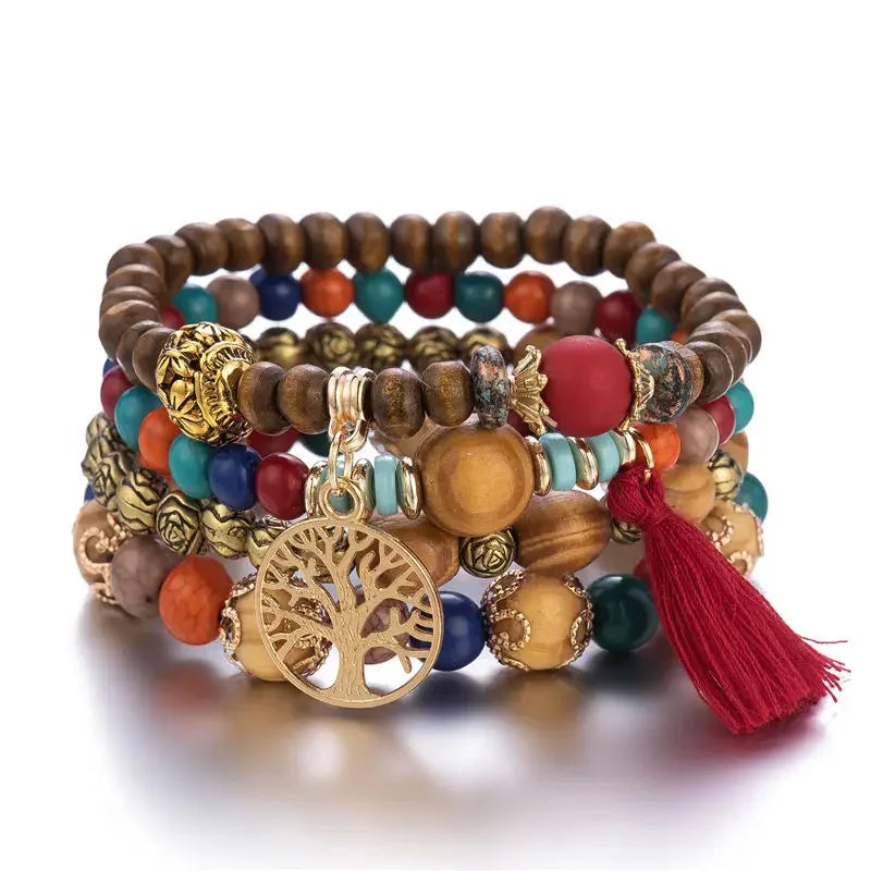 Natural wood bead boho bracelet stack with tassel detail for earthy fashion styling, layering, and casual accessory use.
