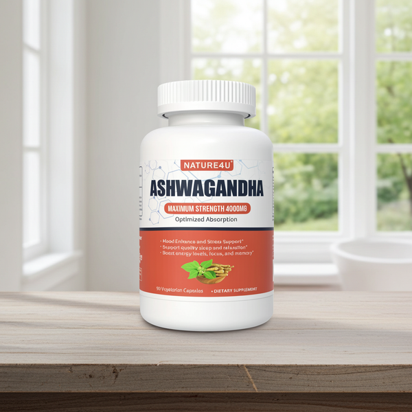 Nature4U Ashwagandha 4000mg Extra Strength capsules bottle for daily wellness support, stress balance, and herbal supplement use.