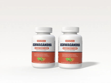 Nature4U Ashwagandha 4000mg herbal capsules bottle for daily adaptogen support, relaxation, and routine supplement use.