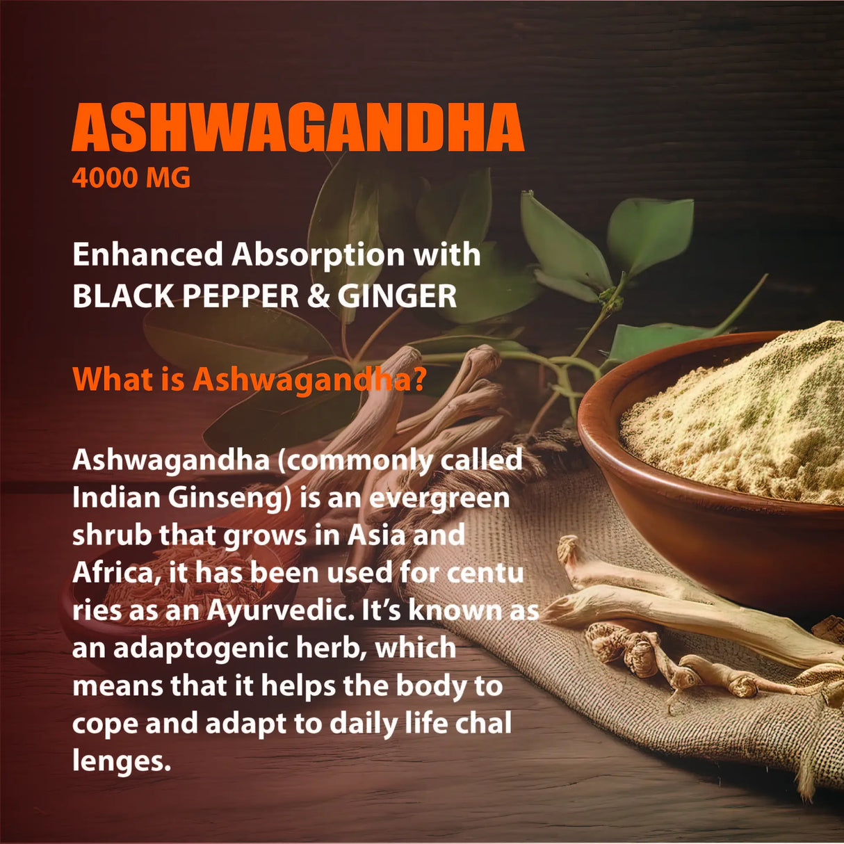 Nature4U Ashwagandha adaptogen capsules bottle for relaxation support, stress response balance, and everyday herbal use.