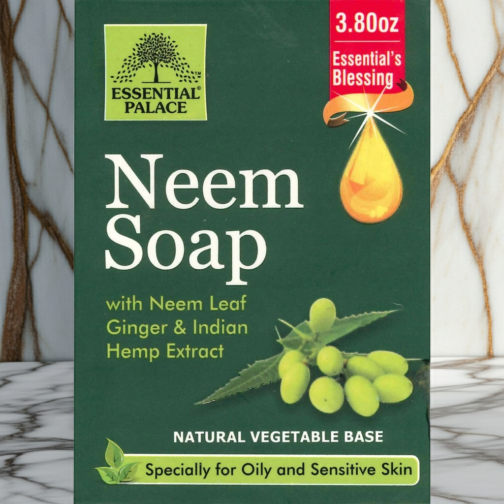 Essential Palace Neem Soap with Ginger and Indian Hemp bar for daily bathing, skin cleansing, and personal care.