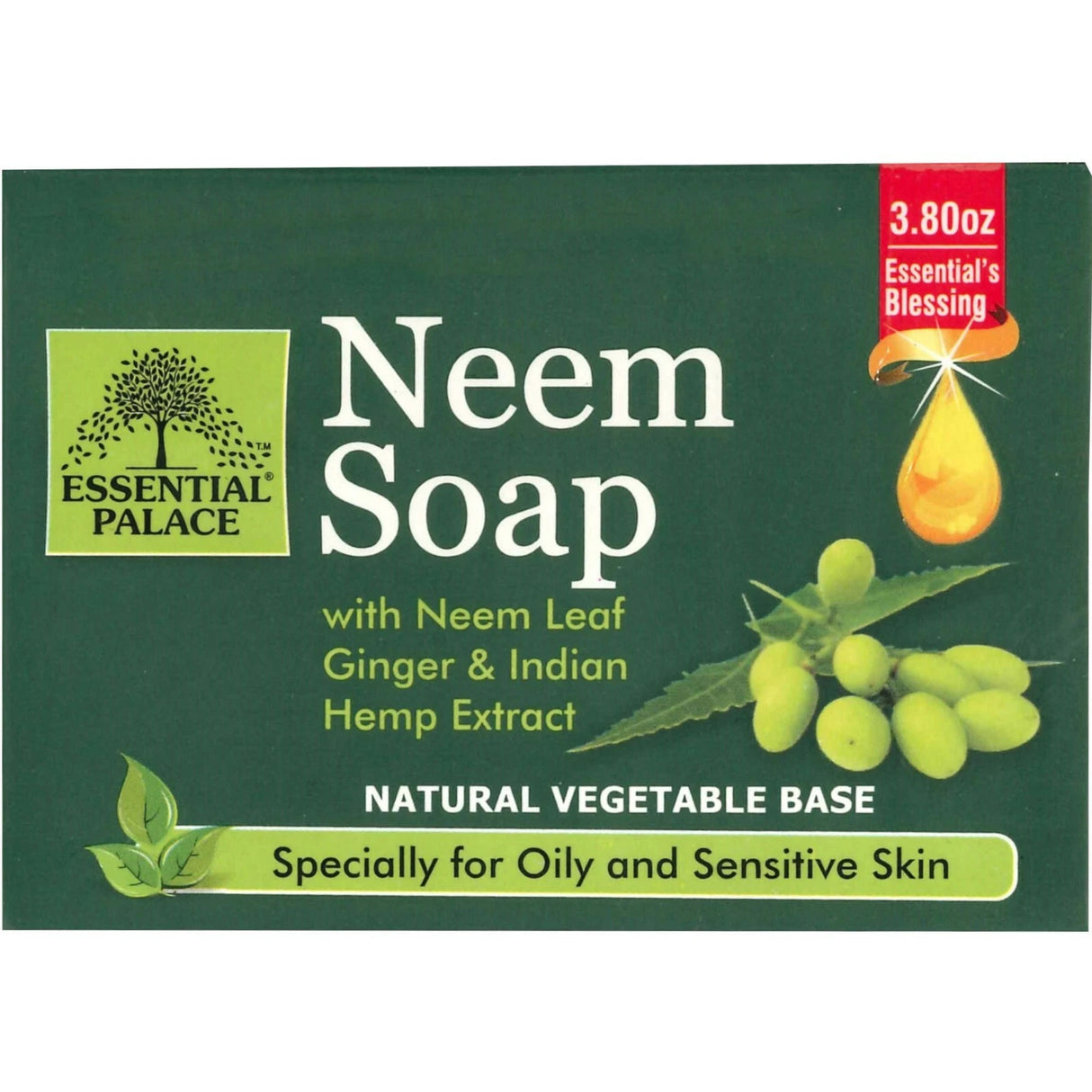 Neem Soap packaging with green background and product details.