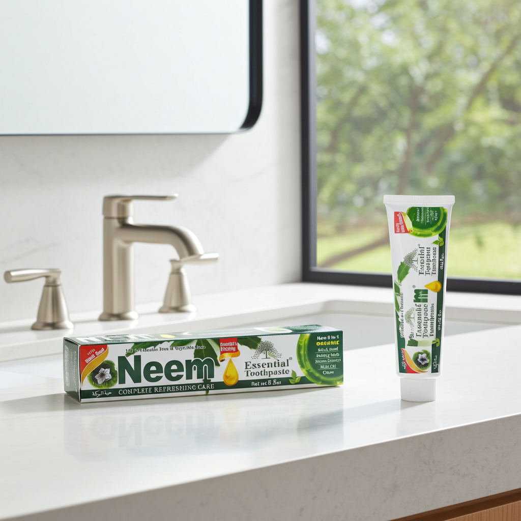 Neem Essential Toothpaste tube for brushing teeth, freshening breath, and routine oral care.