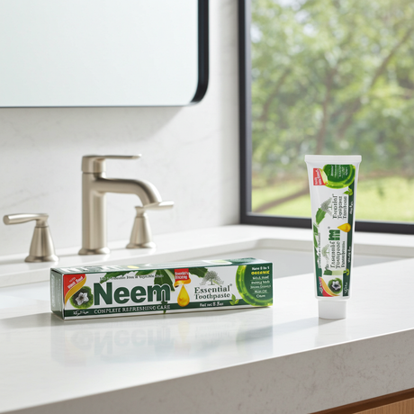 Neem Essential Toothpaste tube for brushing teeth, freshening breath, and routine oral care.
