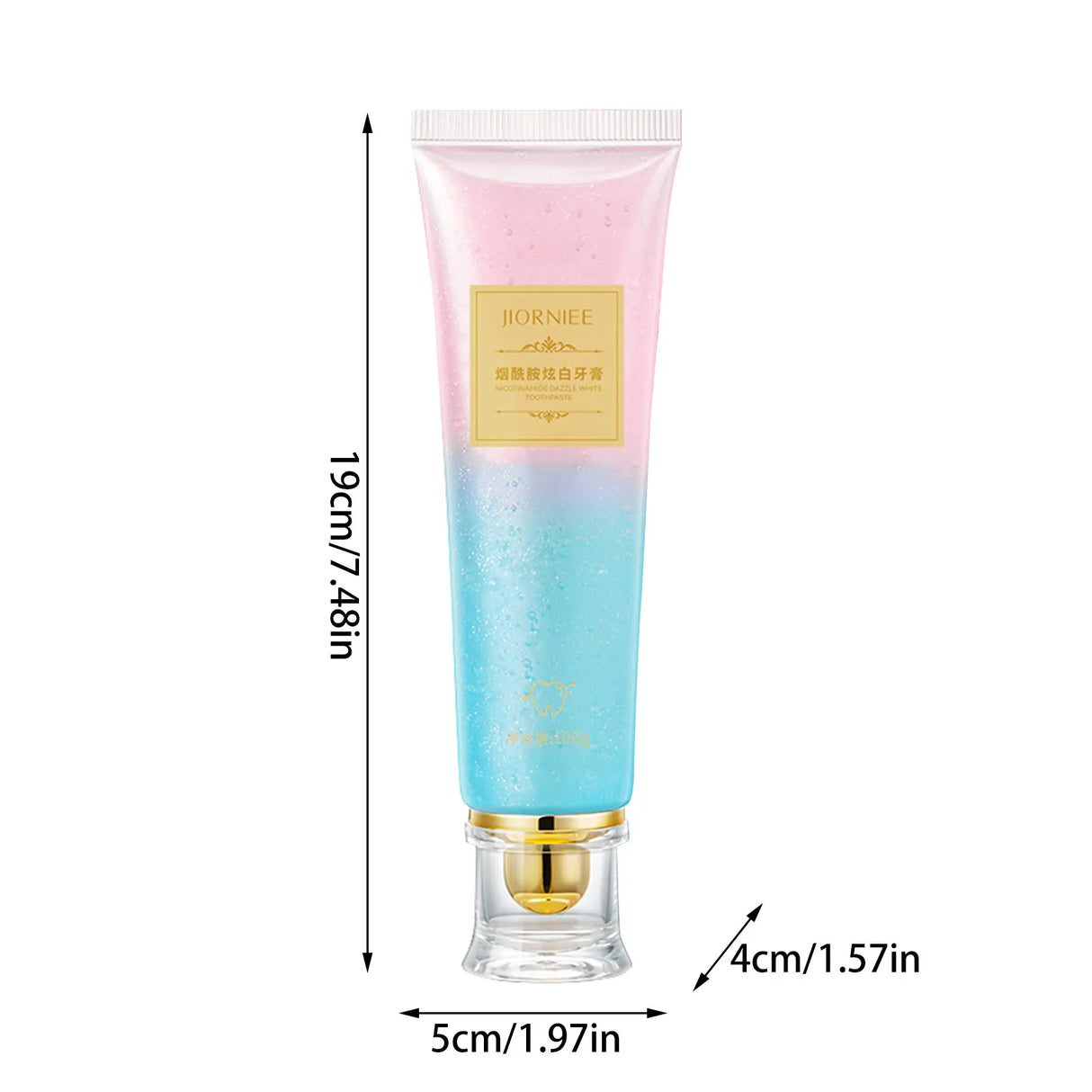 Nicotinamide Whitening Toothpaste tube size and dimensions chart for daily oral care reference.