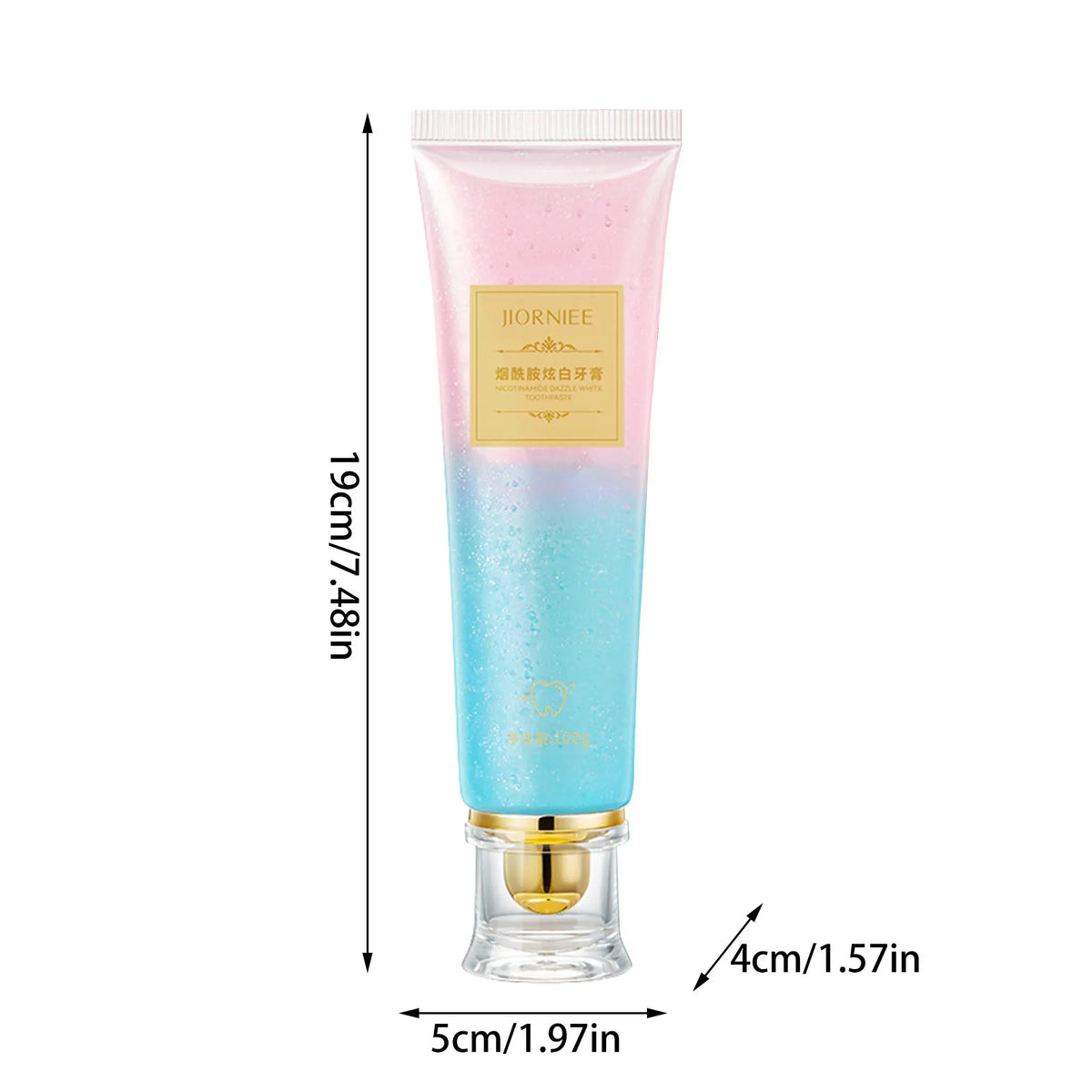 Nicotinamide Whitening Toothpaste tube size and dimensions chart for daily oral care reference.