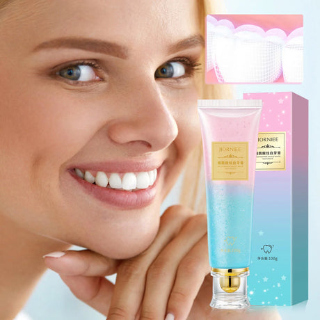 Nicotinamide Whitening Toothpaste tube and packaging held by woman showing daily whitening formula.