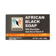 Ninon African Black Soap 140g with shea butter, aloe vera, and Vitamin E for gentle daily cleansing and skin hydration.