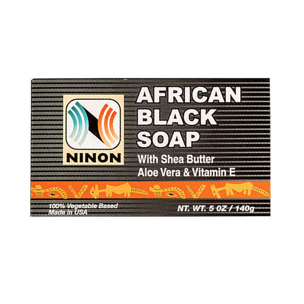 Ninon African Black Soap 140g with shea butter, aloe vera, and Vitamin E for gentle daily cleansing and skin hydration.