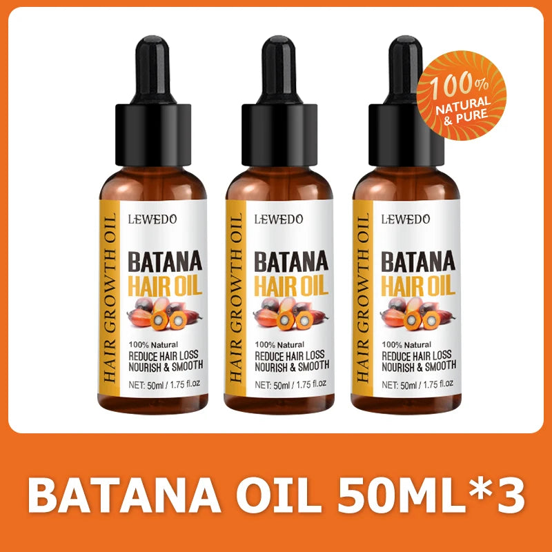 Lewedo Naturals Batana Hair Growth Oil bottle for nourishing hair roots, moisturizing the scalp, and aiding daily hair growth care.