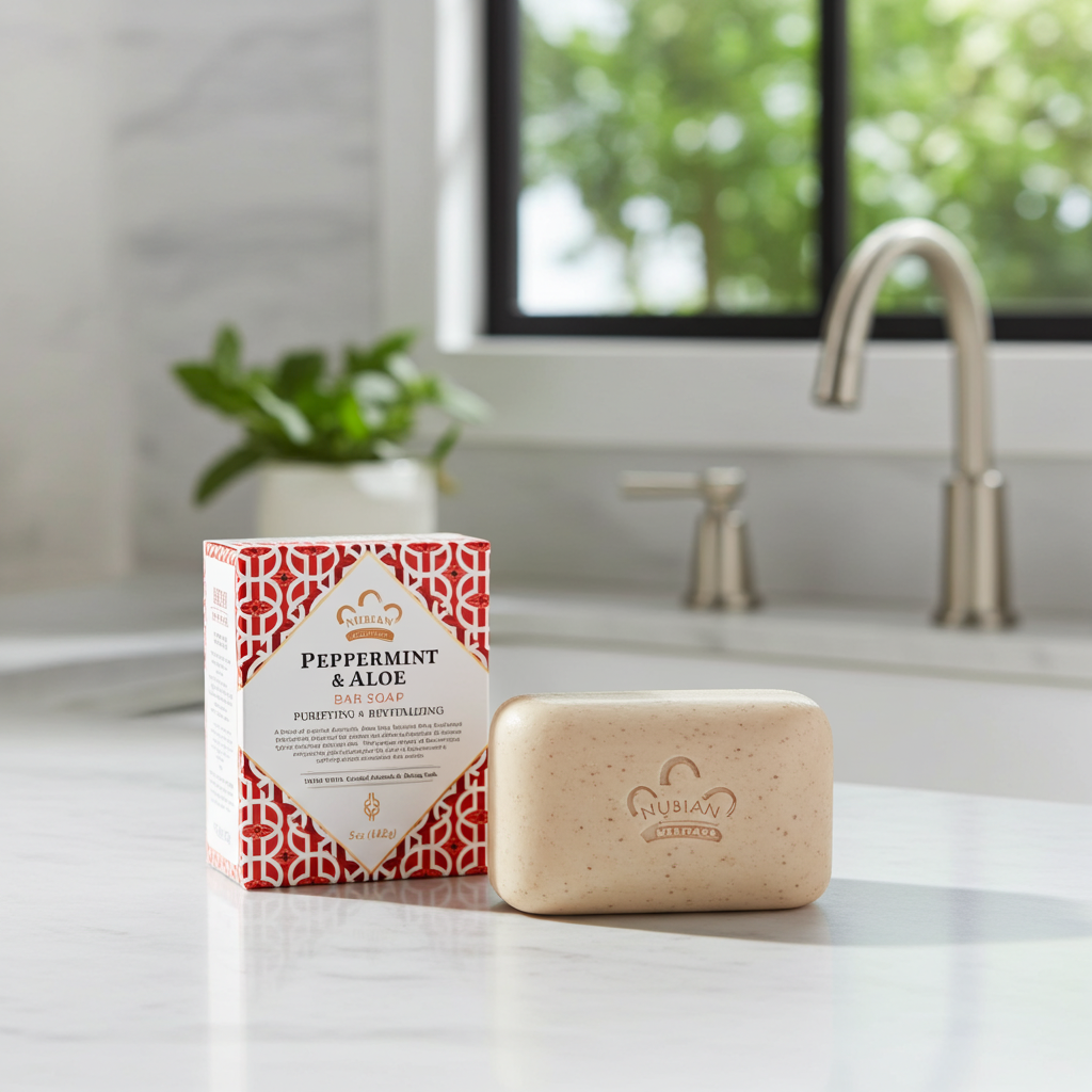 Nubian Peppermint & Aloe Bar Soap soap bar for body cleansing, bathing, and routine skincare.