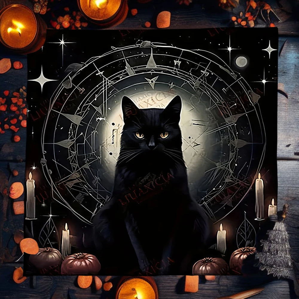 Occult tarot altar cloth with moon and pentagram artwork for tarot readings, altar decoration, and ritual practice.