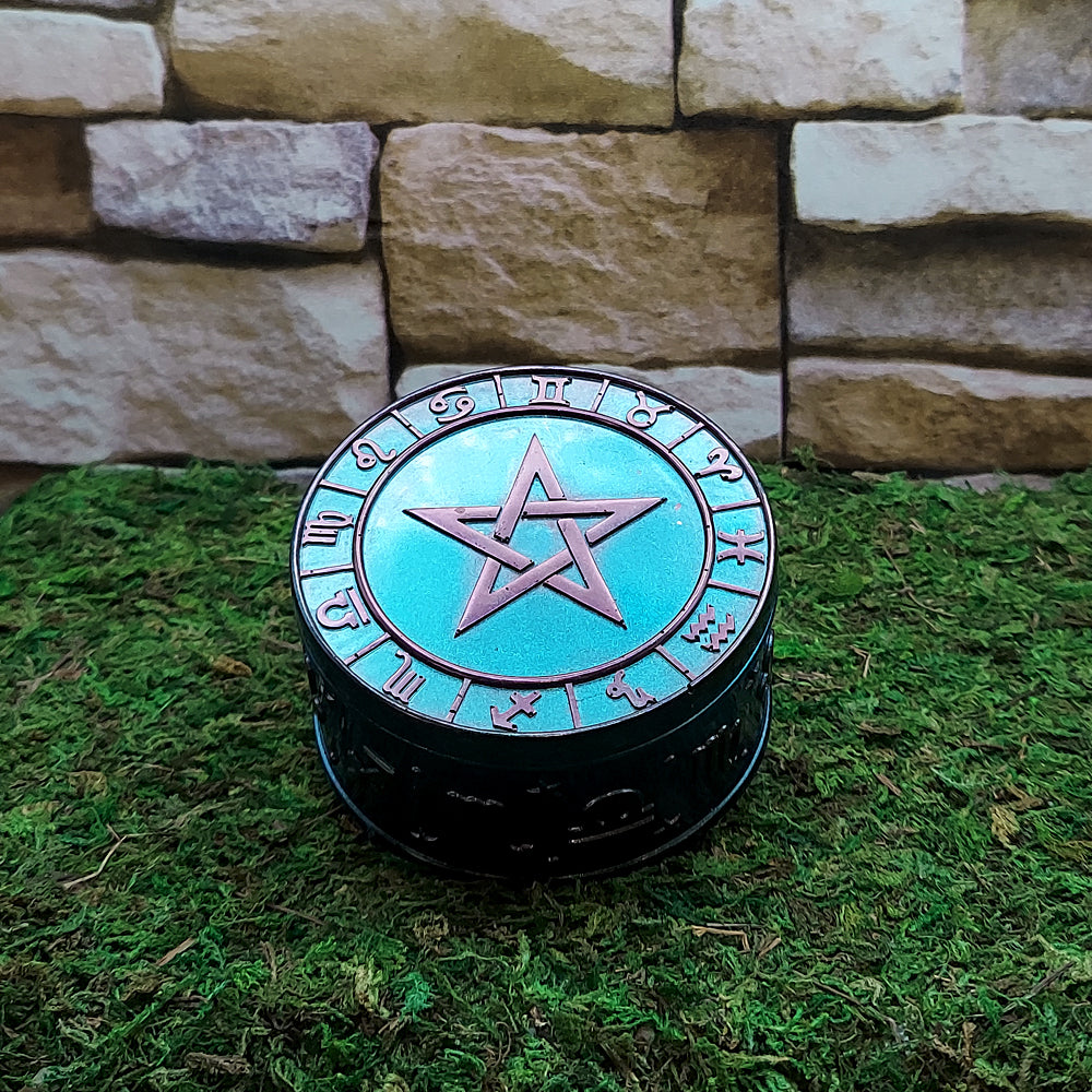 Occult pentacle storage trinket box for holding crystals, pendants, and magical altar essentials.