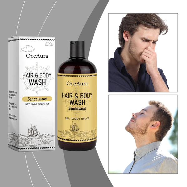 OceAura 2-in-1 Shampoo & Body Wash for Men bottle for hair and body cleansing, men’s grooming, and daily shower use.