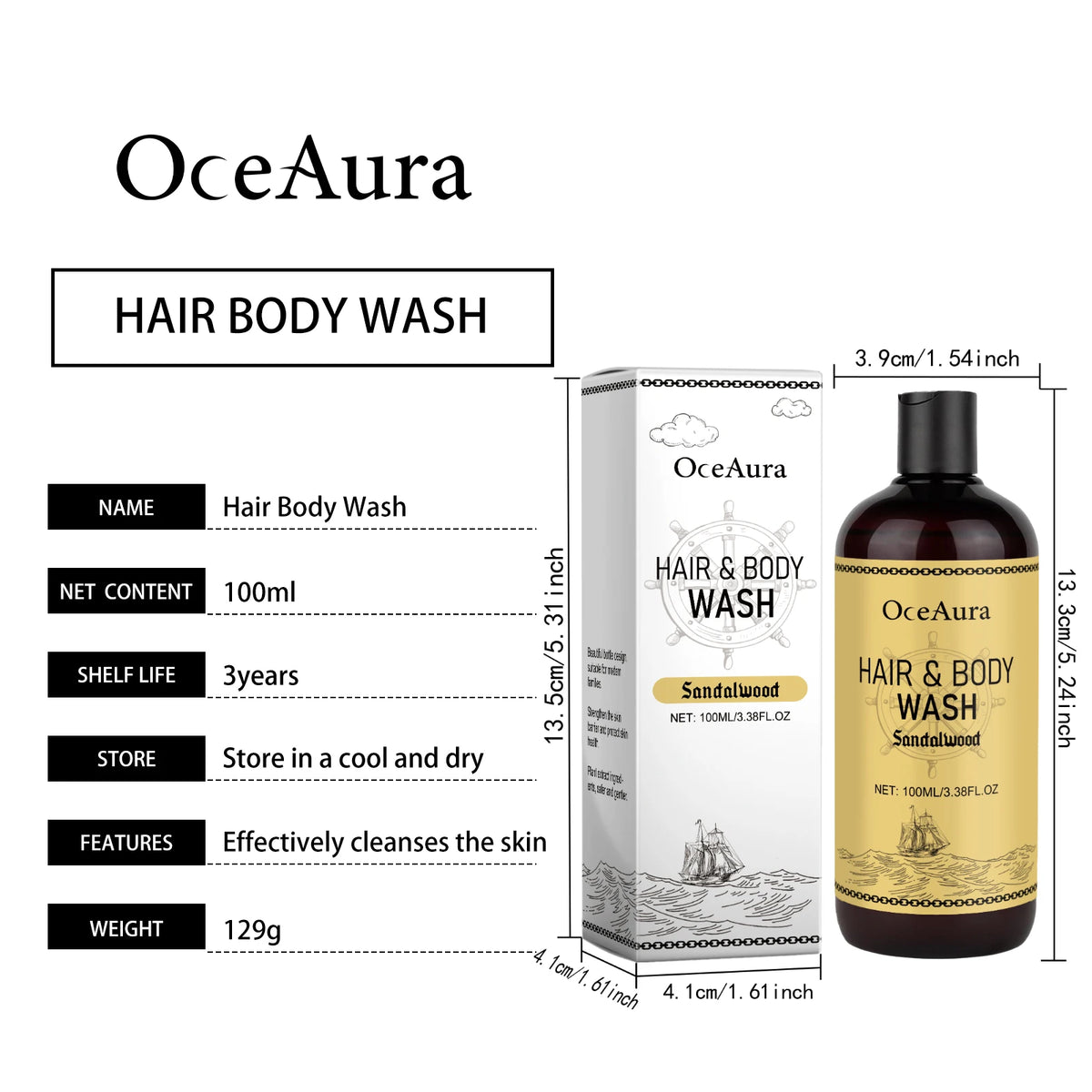 OceAura 2-in-1 Shampoo & Body Wash for Men bottle for everyday grooming, hair cleansing, and body wash use.