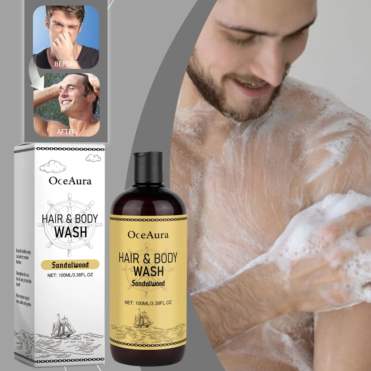 OceAura 2-in-1 Shampoo & Body Wash for Men bottle for men’s shower care, hair washing, and body cleansing.