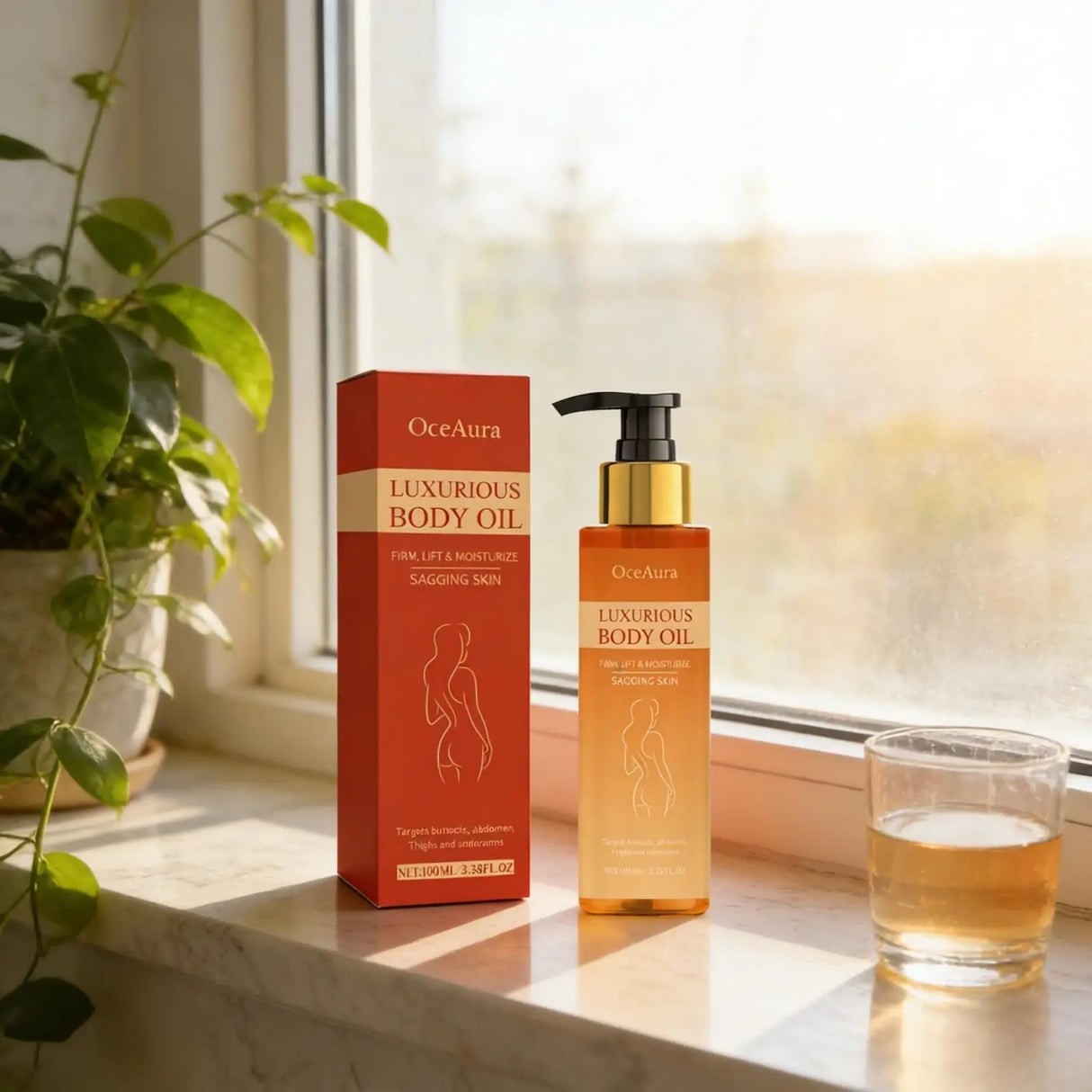 OceAura anti sagging body oil bottle with rosehip oil for nourishing skin, firming care, and smoothing dry areas.