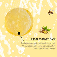 OceAura Bee Venom Body Cleansing Soap key ingredients including bee venom and ginger on yellow background.