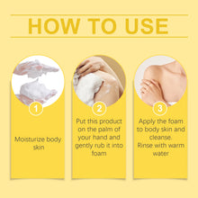 OceAura Bee Venom Body Cleansing Soap three-step usage instructions on yellow background.