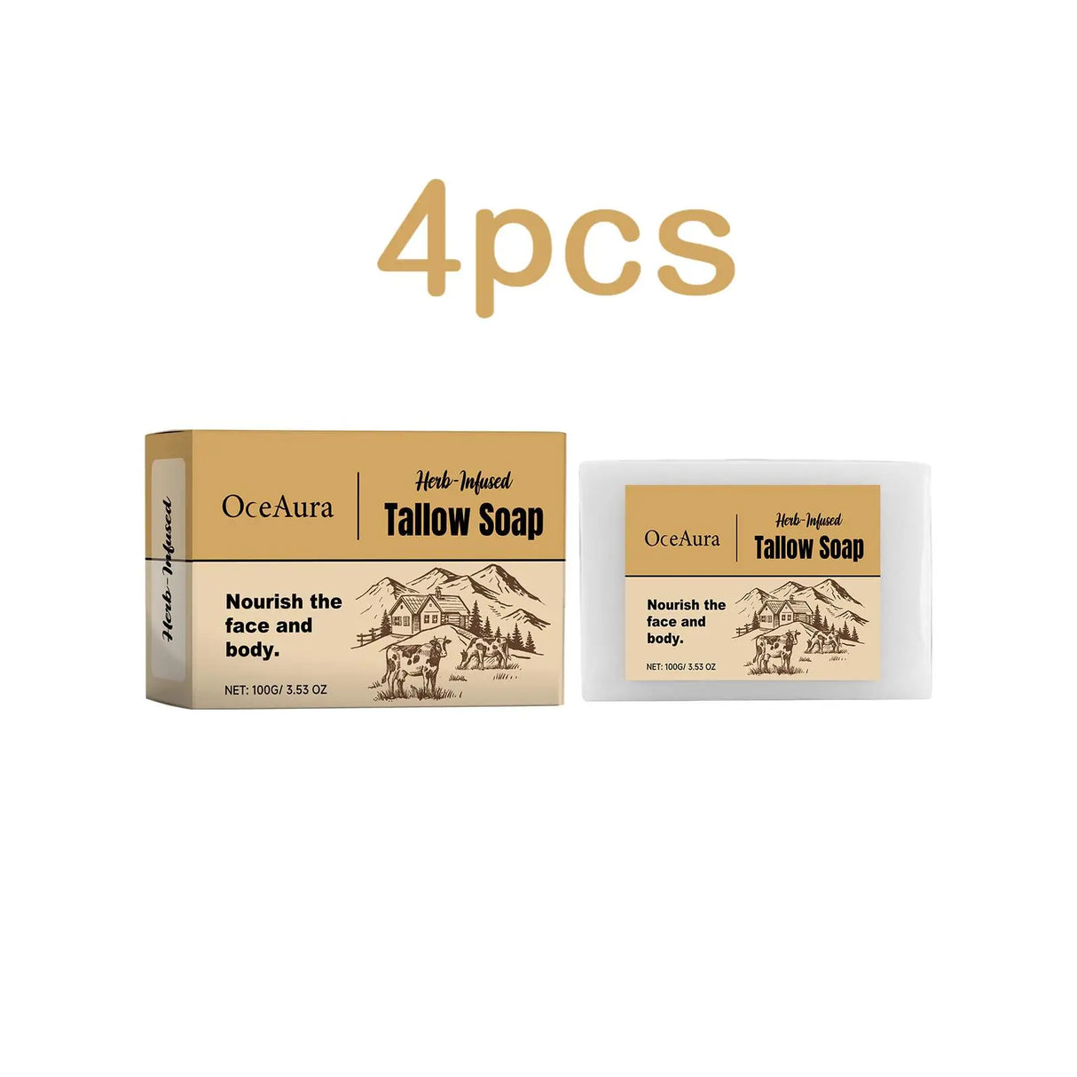 Oceaura Handmade Beef Tallow Soap Bar and packaging display on white background.