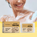 Oceaura Handmade Beef Tallow Soap Bar packaging with person in bathtub for daily natural body care.