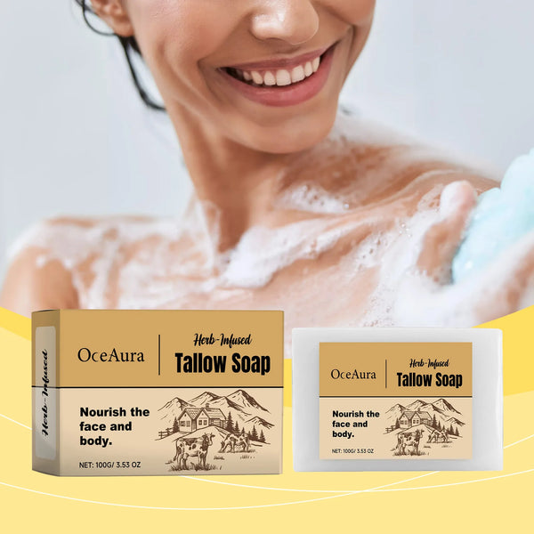 Oceaura Handmade Beef Tallow Soap Bar packaging with person in bathtub for daily natural body care.