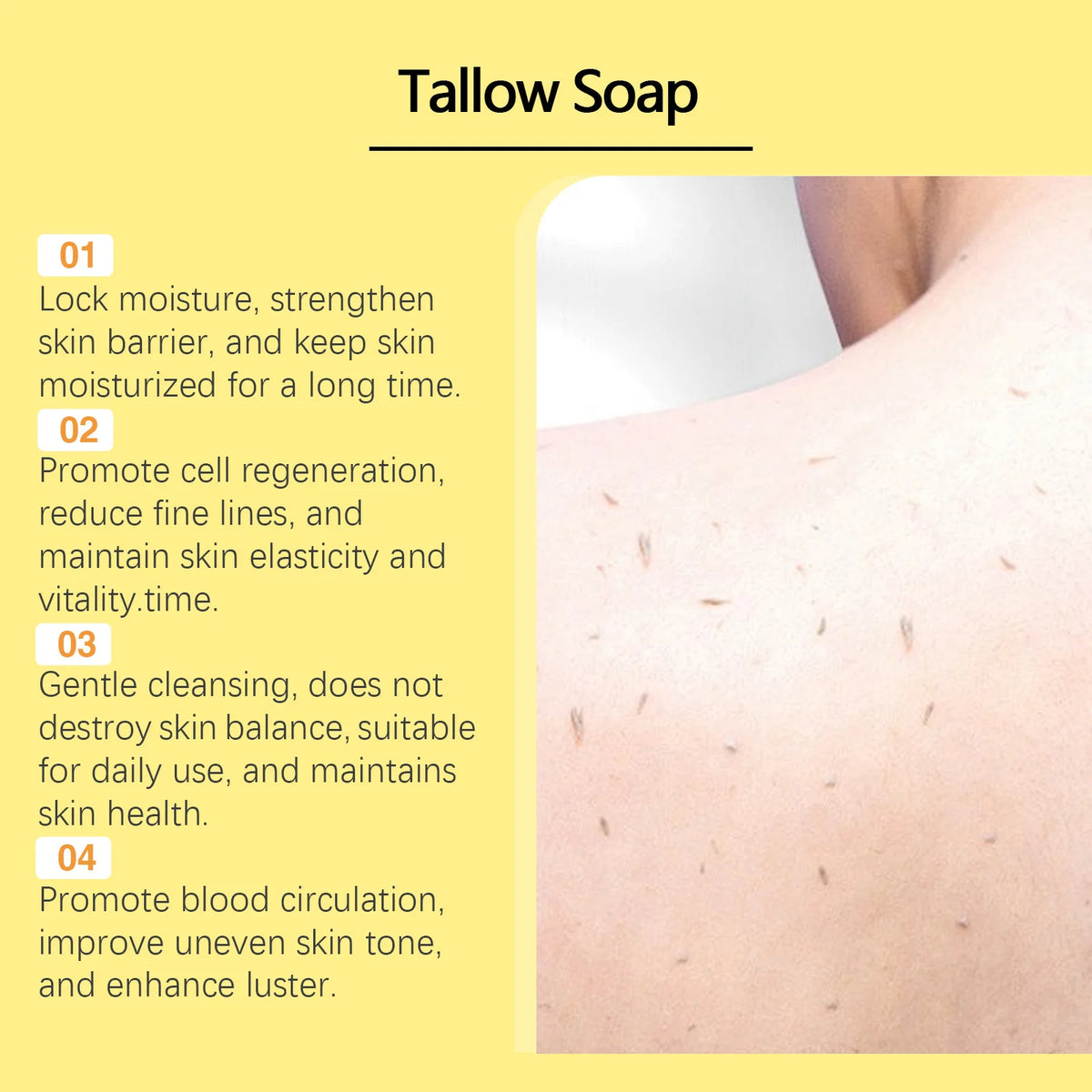 Oceaura Handmade Beef Tallow Soap Bar skin benefits advertisement with close-up of smooth skin.