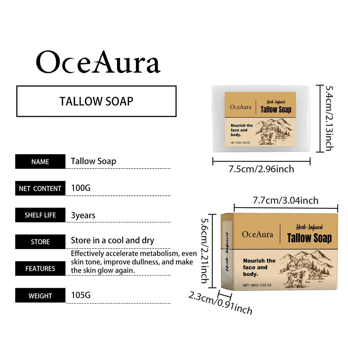 Oceaura Handmade Beef Tallow Soap Bar packaging with dimensions and features on white background.