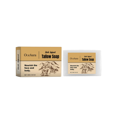 Oceaura Handmade Beef Tallow Soap Bar packaging label view on white background.