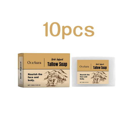 Oceaura Handmade Beef Tallow Soap Bar with packaging on white background for daily body care.