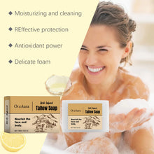 Oceaura Handmade Beef Tallow Soap Bar packaging with woman in bathtub and skin care benefits.