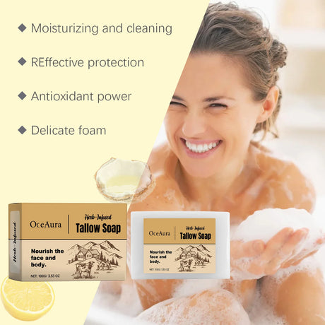 Oceaura Handmade Beef Tallow Soap Bar packaging with woman in bathtub and skin care benefits.