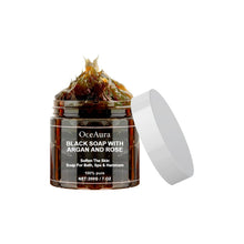 OCEAURA Black Soap with Argan and Rose jar front view showing label and product details.