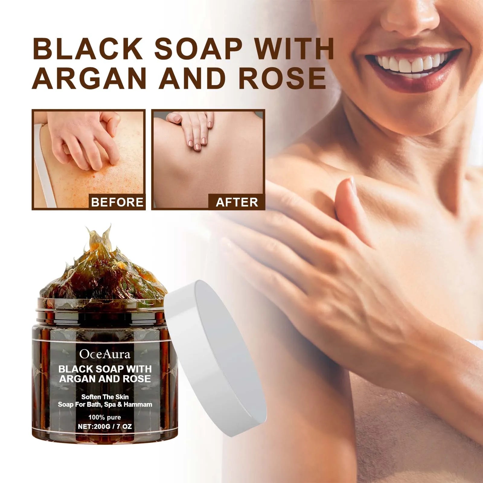 OCEAURA Black Soap with Argan and Rose packaging with before and after skin effect comparison.