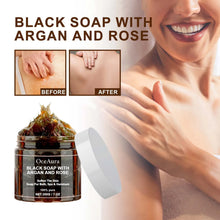 OCEAURA Black Soap with Argan and Rose packaging with before and after skin effect comparison.