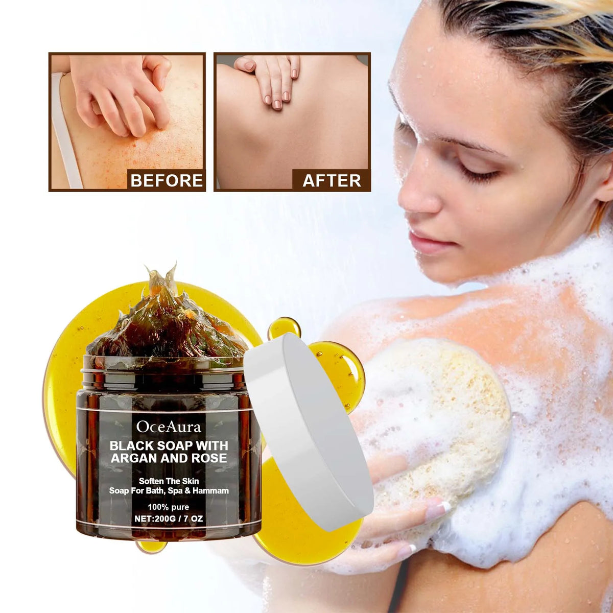 OCEAURA Black Soap with Argan and Rose showing skin and hair before and after comparison with woman.