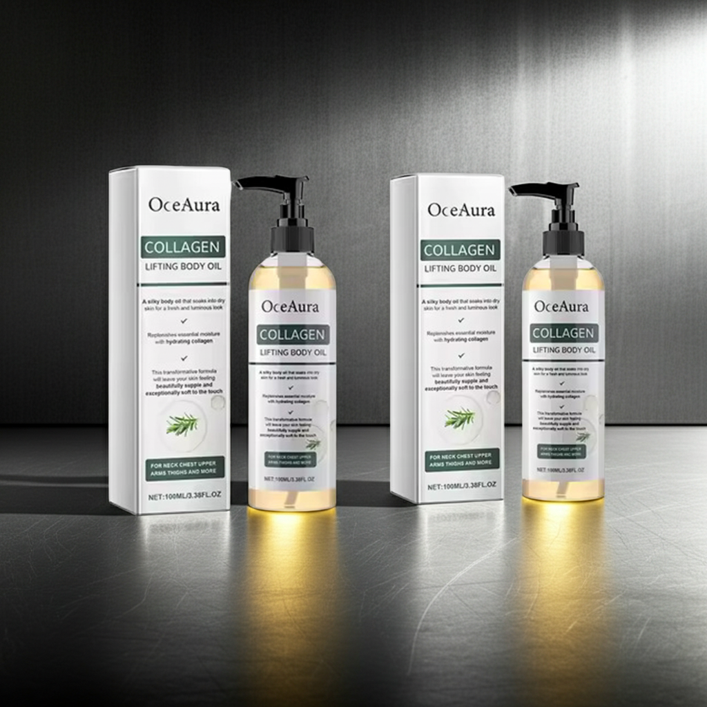 OceAura Collagen Body and Massage Oil bottle for body conditioning, massage use, and keeping skin smooth and hydrated.