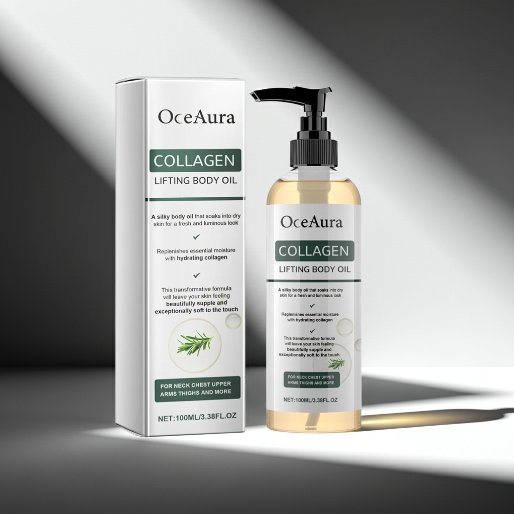 OceAura body and massage oil shown for skincare, body hydration, and soothing massage.